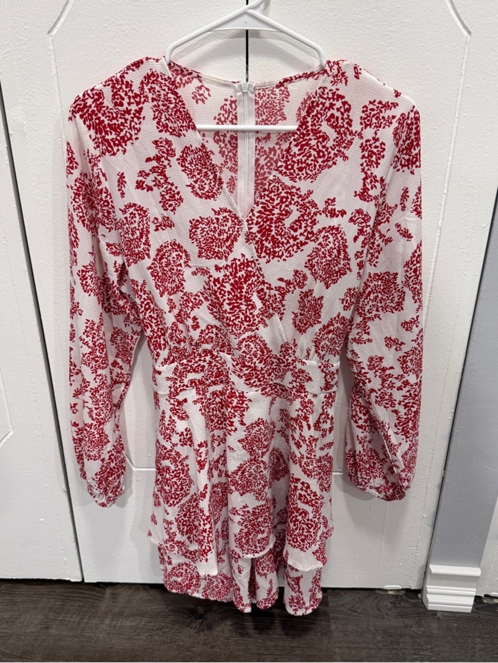 Red and White V Neck Paisley Romper